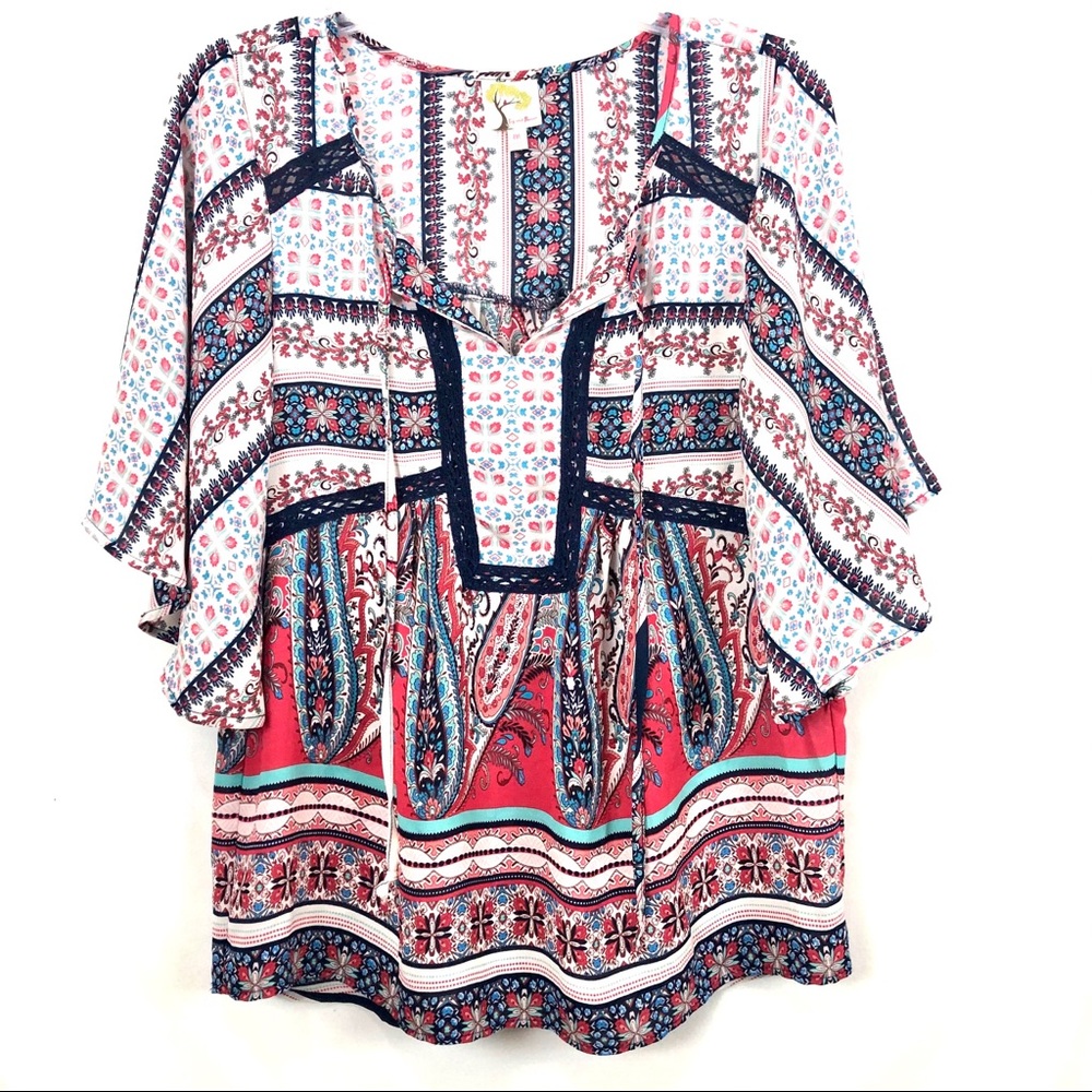 ANTHROPOLOGIE FIG AND FLOWER BOHO PEASANT BLOUSE.